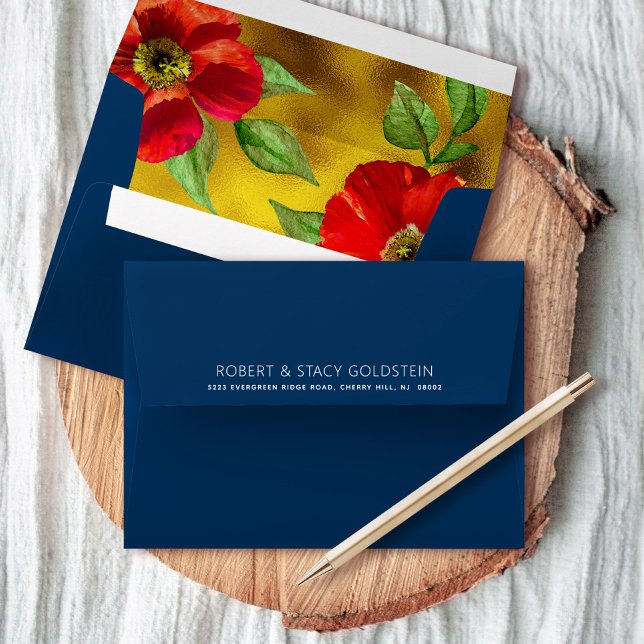 Navy Bat Mitzvah Bold Red Floral Watercolor Modern Envelope (Creator Uploaded)