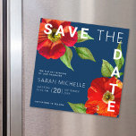 Navy Bat Mitzvah Save Date Red Floral Watercolor<br><div class="desc">Make sure all your friends and relatives will be able to celebrate your daughter’s milestone Bat Mitzvah! Send out this chic, stunning, floral watercolor with modern san serif type against a navy blue background, personalised “Save the Date” magnetic announcement card. Personalise the custom text with your Bat Mitzvah’s name and...</div>