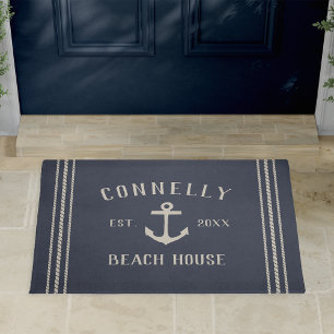 Navy Beach House Rustic Anchor Personalised Doormat