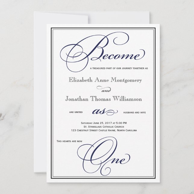 Navy Become as One Christian Wedding Invitation (Front)