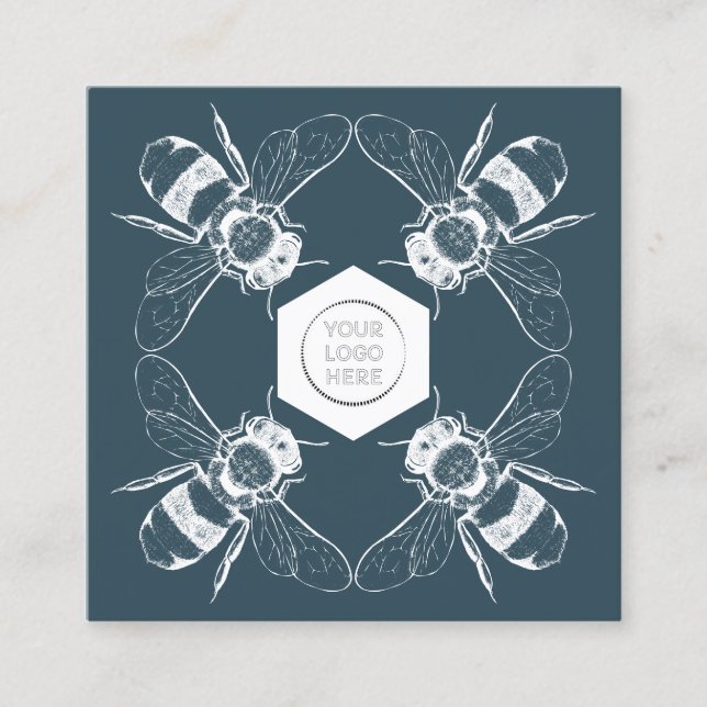 Navy Beekeeper Honeycomb Farm Apiary logo qr code Square Business Card (Front)