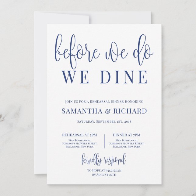 Navy before we do we dine rustic rehearsal dinner invitation (Front)