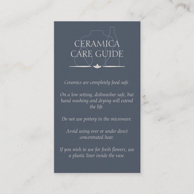 Navy Beige Pottery Clay Ceramic Care Instructions Business Card (Front)