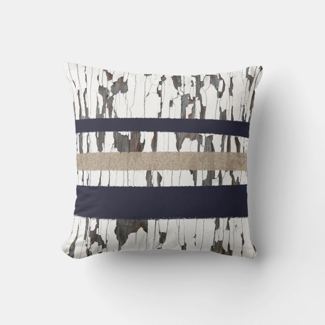 Navy / Beige / White Stripes over Peeling Wood  Cushion (Front)
