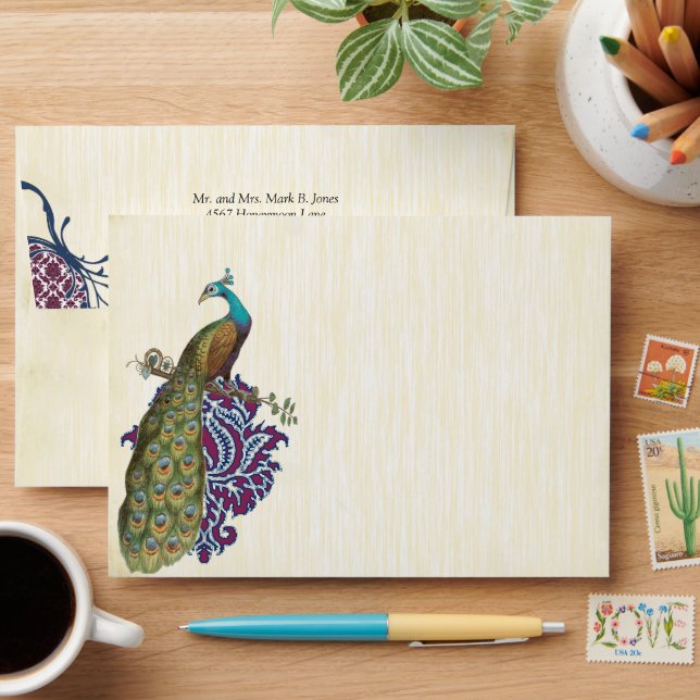 Navy & Berry Berry Elegant Damask Peacock Wedding Envelope (Desk)
