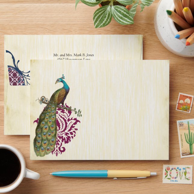 Navy & Berry Berry Elegant Damask Peacock Wedding Envelope (Desk)