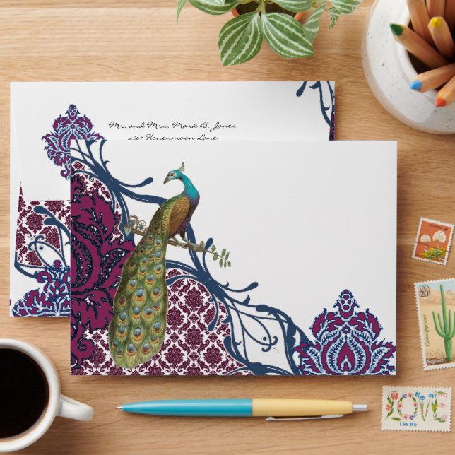 Navy & Berry Berry Elegant Damask Peacock Wedding Envelopes (Desk)