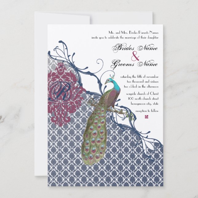 Navy & Berry Berry Elegant Damask Peacock Wedding Invitation (Front)
