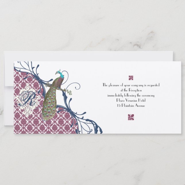 Navy & Berry Berry Elegant Damask Peacock Wedding Invitation (Front)