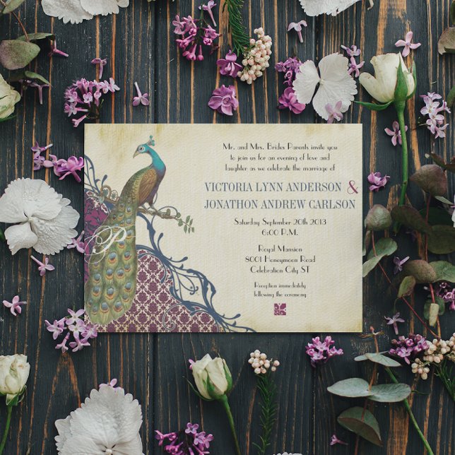 Navy & Berry Berry Elegant Damask Peacock Wedding Invitation (Creator Uploaded)