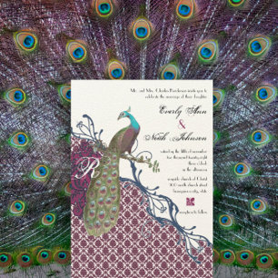 Navy & Berry Berry Elegant Damask Peacock Wedding Invitation