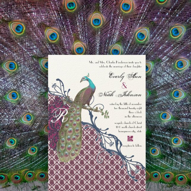 Navy & Berry Berry Elegant Damask Peacock Wedding Invitation (Creator Uploaded)