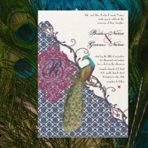 Navy & Berry Berry Elegant Damask Peacock Wedding Invitation
