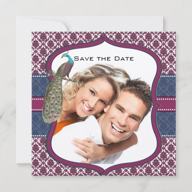 Navy & Berry Berry Elegant Damask Peacock Wedding Invitation (Front)