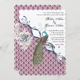 Navy & Berry Berry Elegant Damask Peacock Wedding Invitation