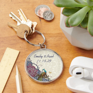 Navy & Berry Berry Elegant Damask Peacock Wedding Key Ring