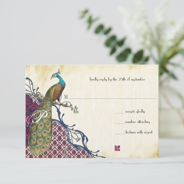 Navy & Berry Berry Elegant Damask Peacock Wedding RSVP Card (Standing Front)