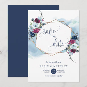 Navy, Berry, Burgundy and Blue Floral Wedding Save The Date