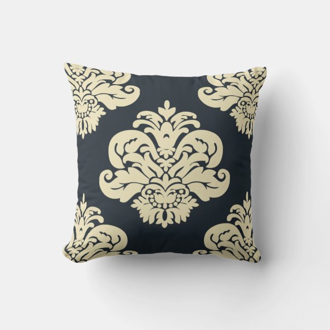 Navy Black Cream Damask Cushion (Front)