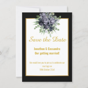 NAVY BLACK GOLD ROSE EUCALYPTUS SAVE THE DATE