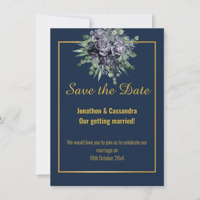 NAVY BLACK  GOLD ROSE EUCALYPTUS  SAVE THE DATE (Front)