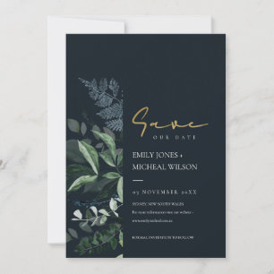 Navy Black Green Leafy Fauna Save The Date Invite