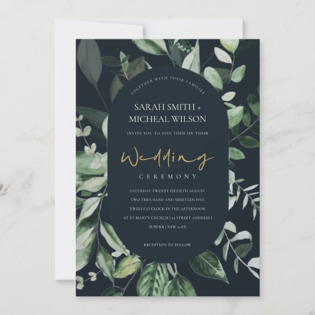 Navy Black Green Leafy Foliage Wedding Invite (Front)