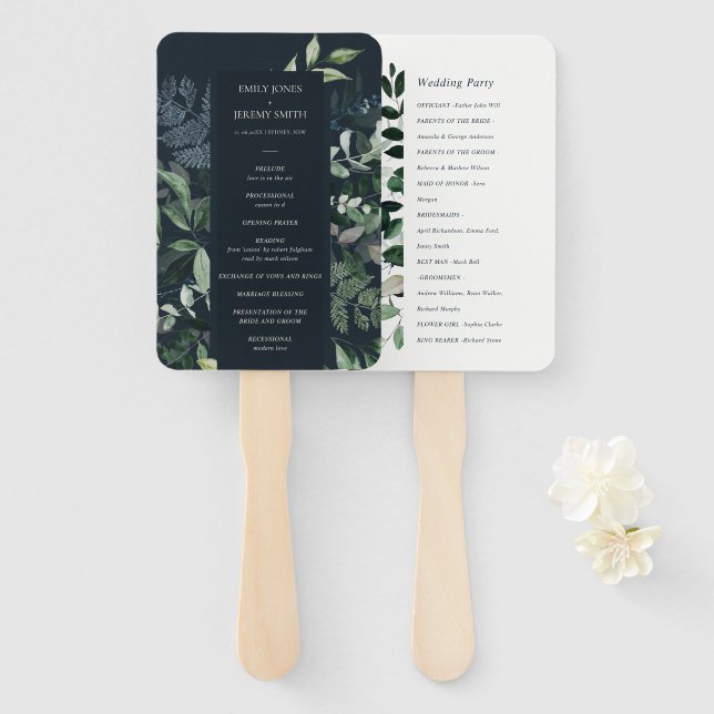 Navy Black Green Leafy Foliage Wedding Program Hand Fan (Front and Back)