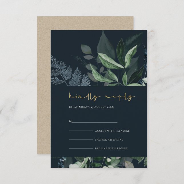 Navy Black Green Leafy Foliage Wedding Rsvp Enclosure Card (Front/Back)