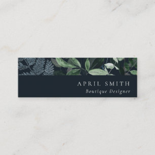 Navy Black Green Leafy Tropical Foliage Fern Mini Business Card
