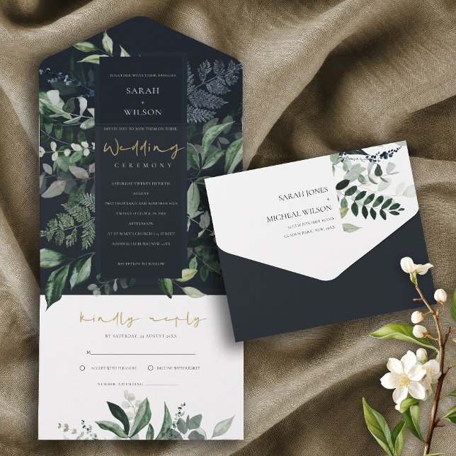 Navy Black Green Leafy Tropical Foliage Wedding Al All In One Invitation (Creator Uploaded)