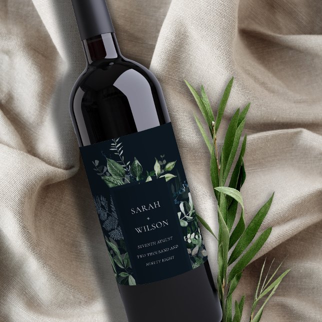 Navy Black Green Leafy Tropical Foliage Wedding Wine Label (Creator Uploaded)