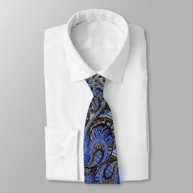 Navy & Black Paisley Peacock Colors Wedding Tie (Tied)
