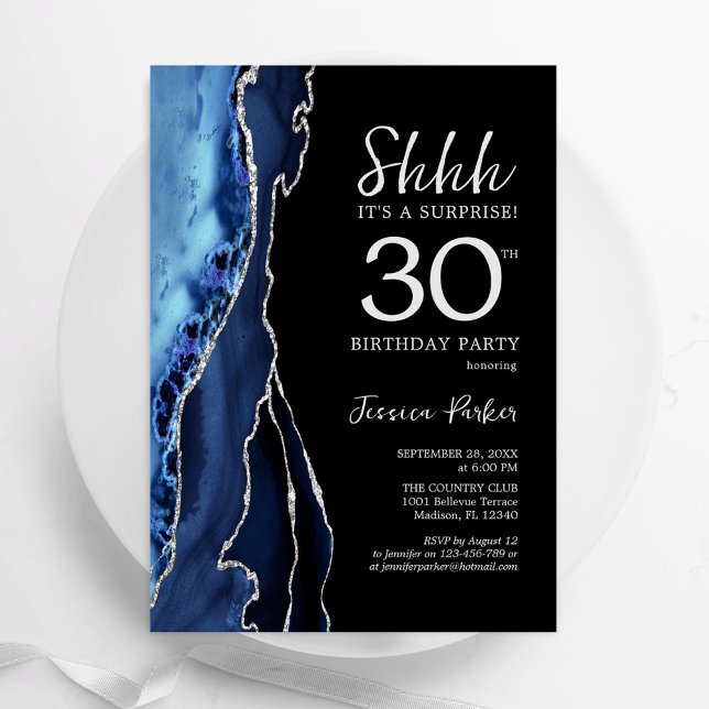 Navy Black Silver Agate Surprise 30th Birthday Invitation (Creator Uploaded)
