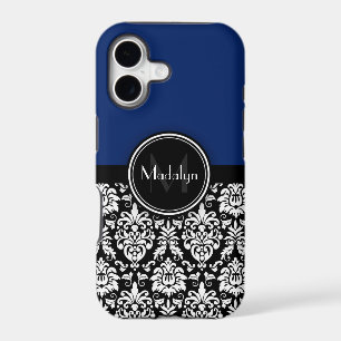 Navy Black White Damask Monogram Letter
