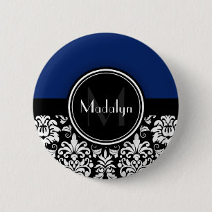 Navy Black White Damask Monogram Letter 6 Cm Round Badge