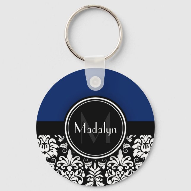 Navy Black White Damask Monogram Letter Key Ring (Front)