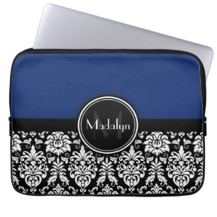 Navy Black White Damask Monogram Letter Laptop Sleeve