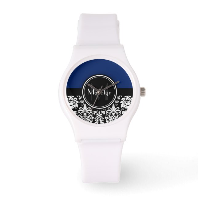 Navy Black White Damask Monogram Letter Watch (Front)