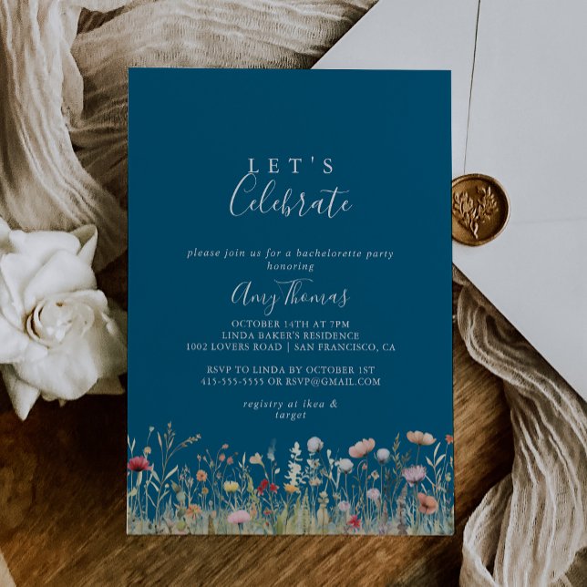 Navy Bliss Boho Wildflower Let's Celebrate Party Invitation (Creator Uploaded)