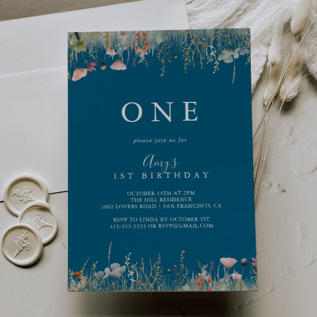 Navy Blissful Boho Wildflower First Birthday Party Invitation (Creator Uploaded)