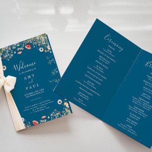 Navy Blissful Boho Wildflower Folded Wedding Programme
