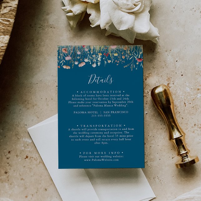 Navy Blissful Boho Wildflower Wedding Details Enclosure Card (Creator Uploaded)