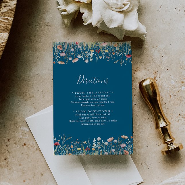 Navy Blissful Boho Wildflower Wedding Directions Enclosure Card (Creator Uploaded)