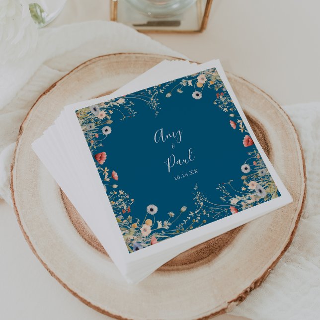 Navy Blissful Colourful Boho Wildflower Wedding  Napkin (Creator Uploaded)