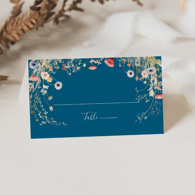 Navy Blissful Colourful Boho Wildflower Wedding  Place Card (Creator Uploaded)