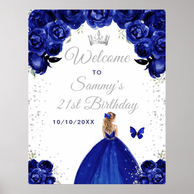 Navy Blonde Hair Princess Birthday Welcome Poster (Front)