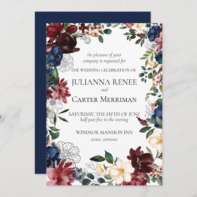 Navy Bloom Floral Frame Wedding  Invitation (Front/Back)