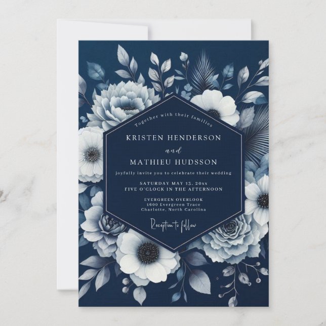 Navy Bloom Romance Wedding Invitation (Front)