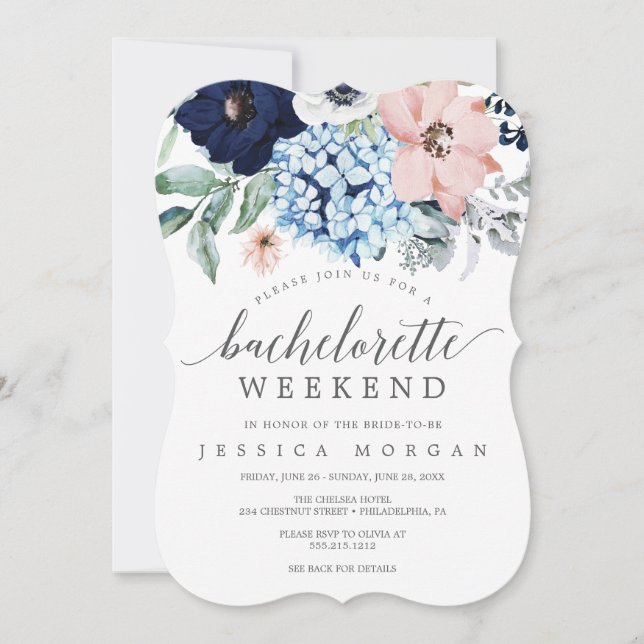 Navy Blooms Bachelorette Weekend Itinerary Invitation (Front)